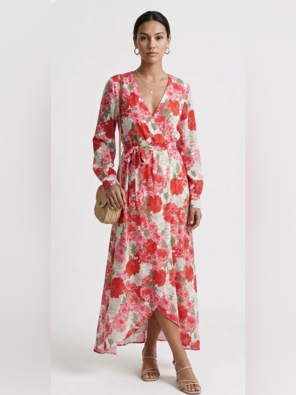 Inmod Floral High Low Maxi Dress Faux Wrap Long Sleeve NWT Medium